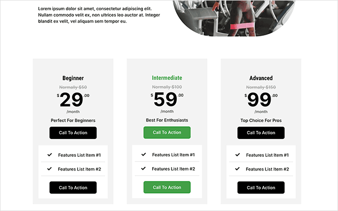 özeldikeyfiyatlandırma tablosuWordPresspage SeedProd Pricing table example