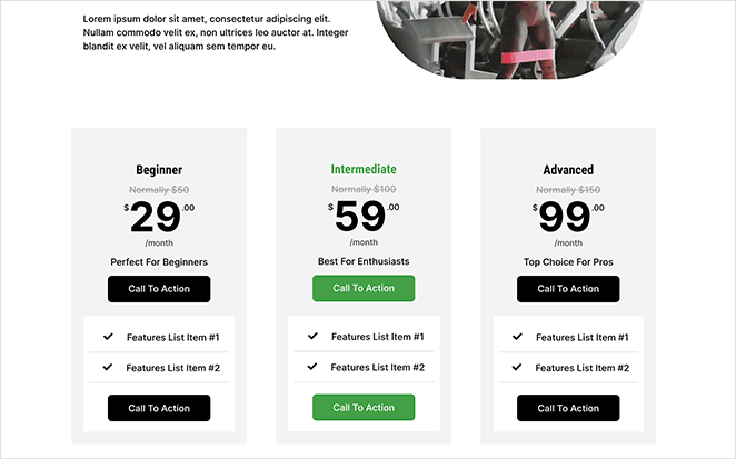 Pricing table example