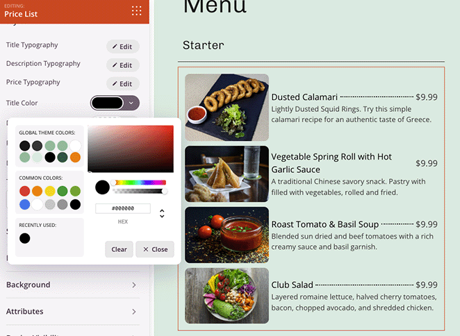 tipografirenk seçeneklerifiyat listesi SeedProd Price list typography color settings