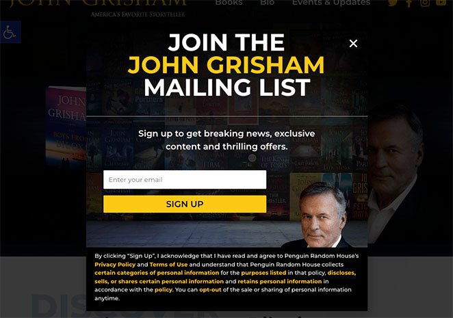 johngrishamwebsitepopup SeedProd John Grisham newsletter signup popup