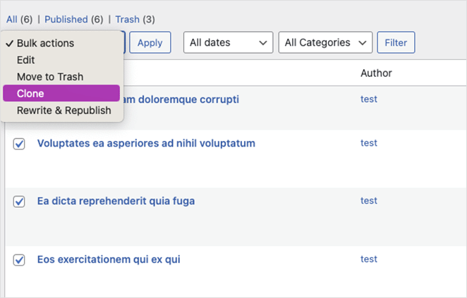 Bulk duplicate posts with the bulk actions option