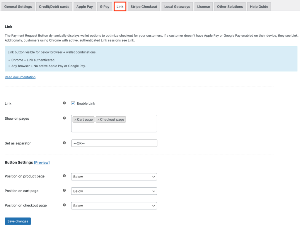 Link por configurações do Stripe