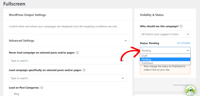 WordPress ダッシュボードで OptinMonster キャンペーンを表示する Change the status of welcome mat campaign