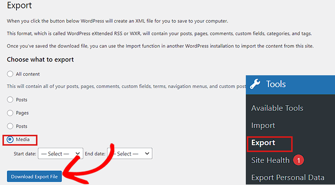 エクスポート ページでのメディア オプションの選択 Choose media on the export page