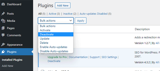 すべてのプラグインを無効にする Deactivate all plugins