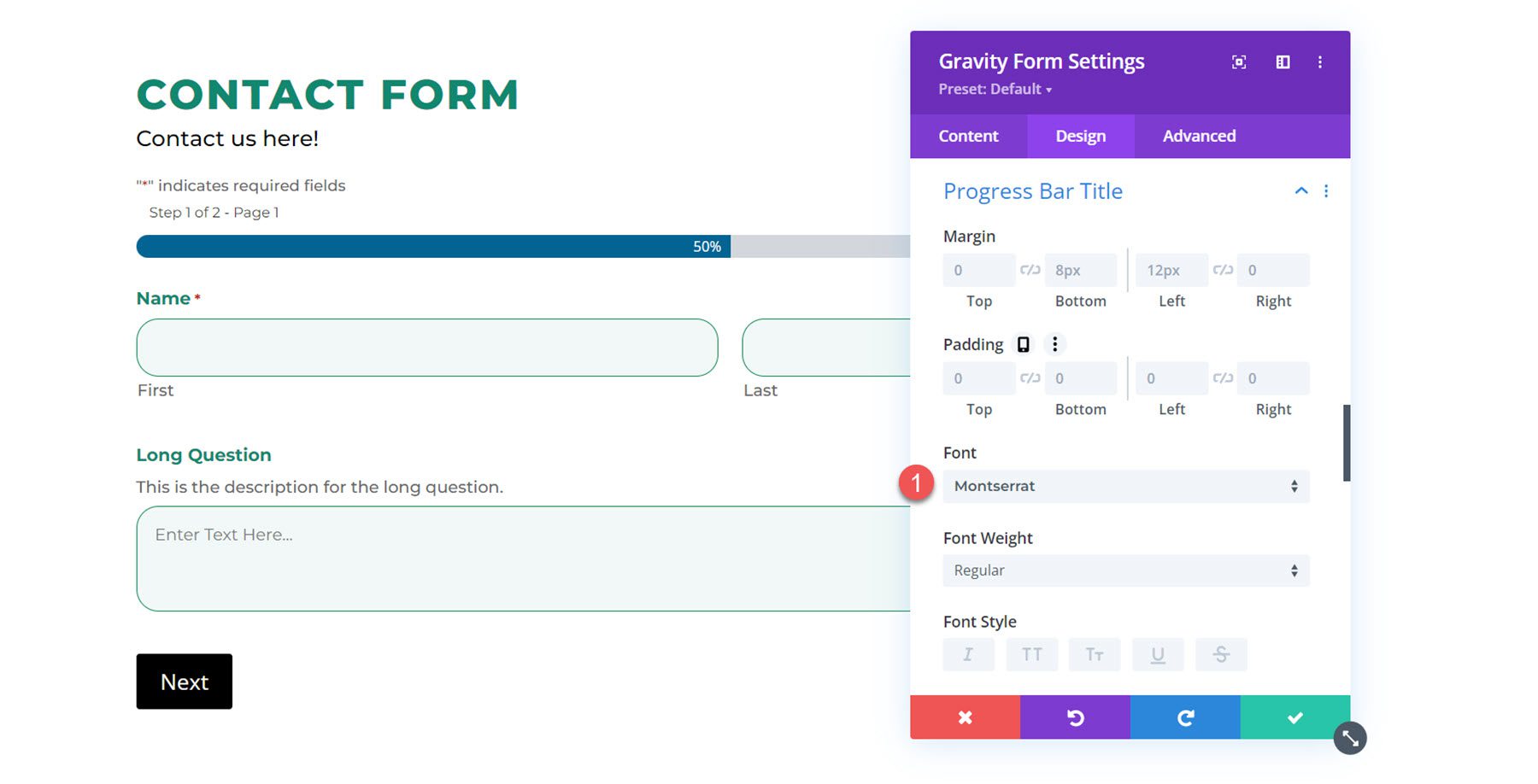 ปลั๊กอิน Divi ไฮไลต์ Divi Gravity Forms ชื่อแถบความคืบหน้า