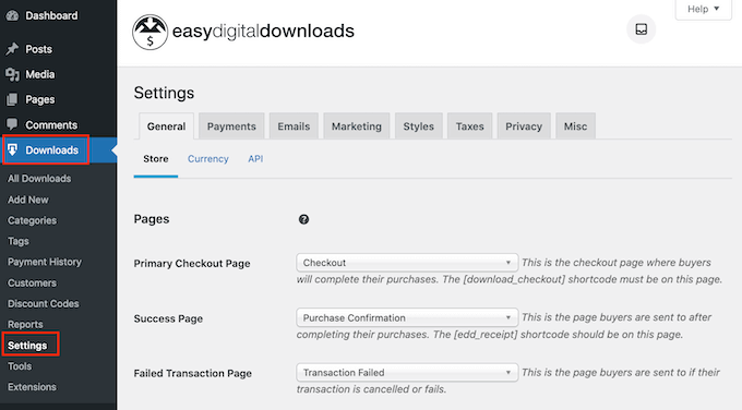 Easy Digital Downloads プラグインの設定 The Easy Digital Downloads plugin's settings