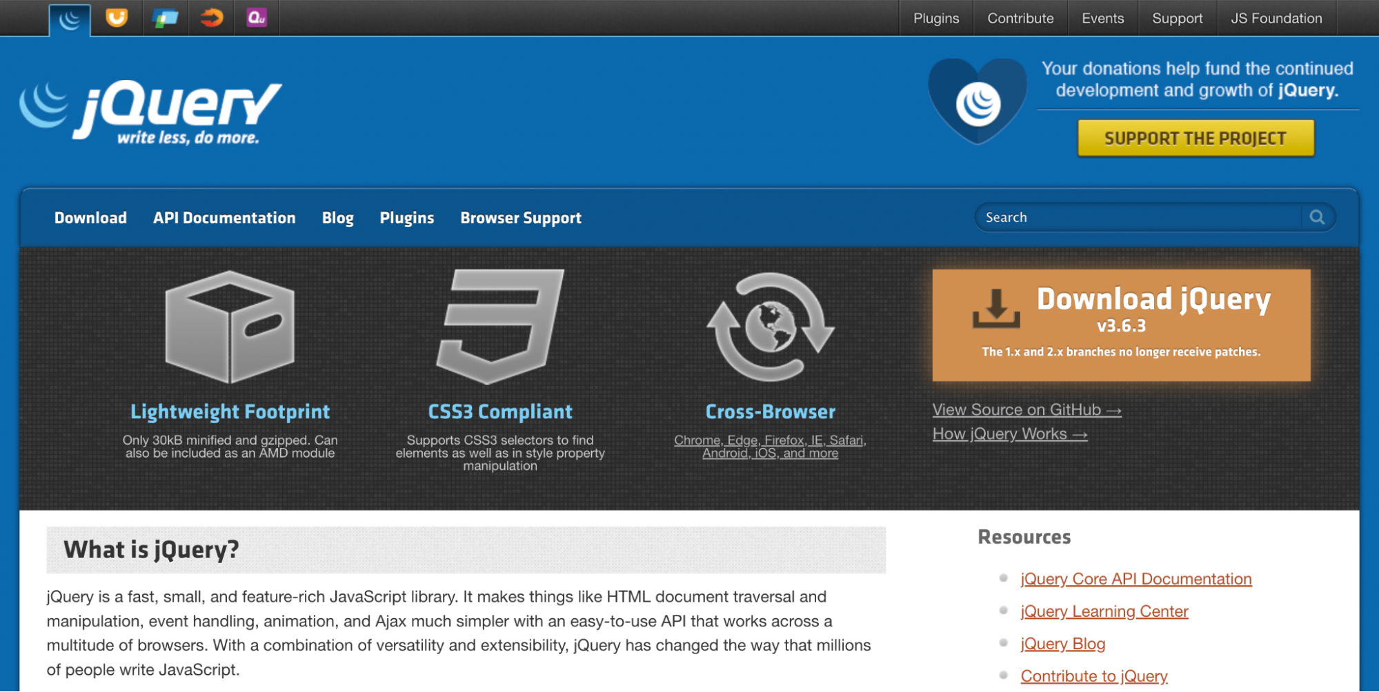 homepage del codice jQuery con informazioni sulla lingua