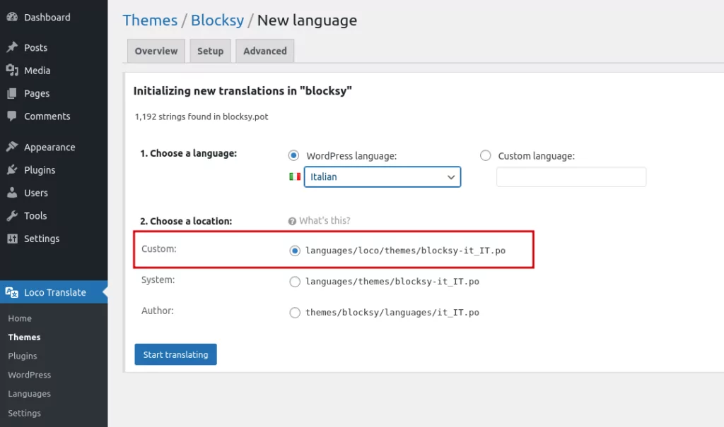 ภาพหน้าจอของเมนู Loco Translate
