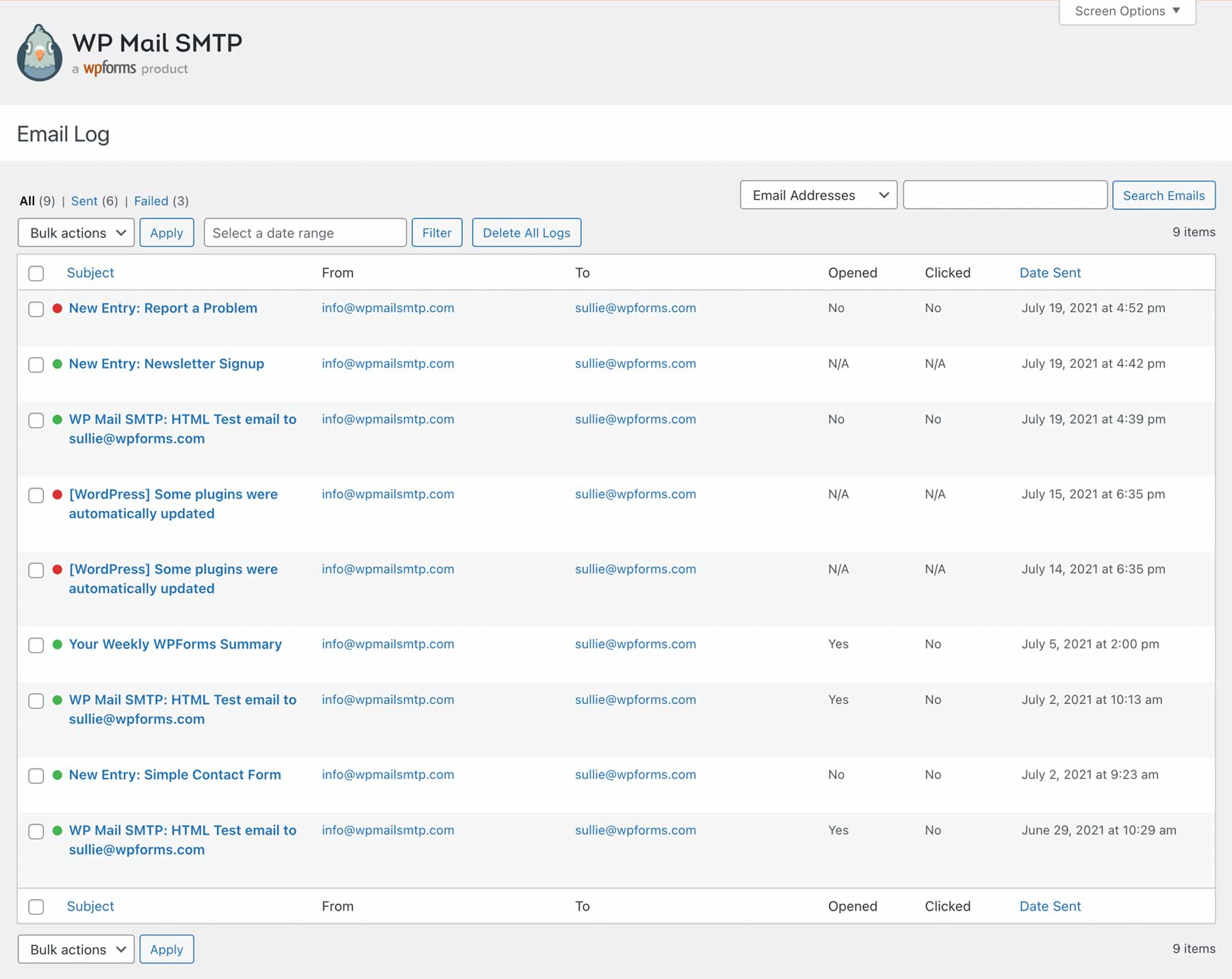 Registro e-mail SMTP di WP Mail