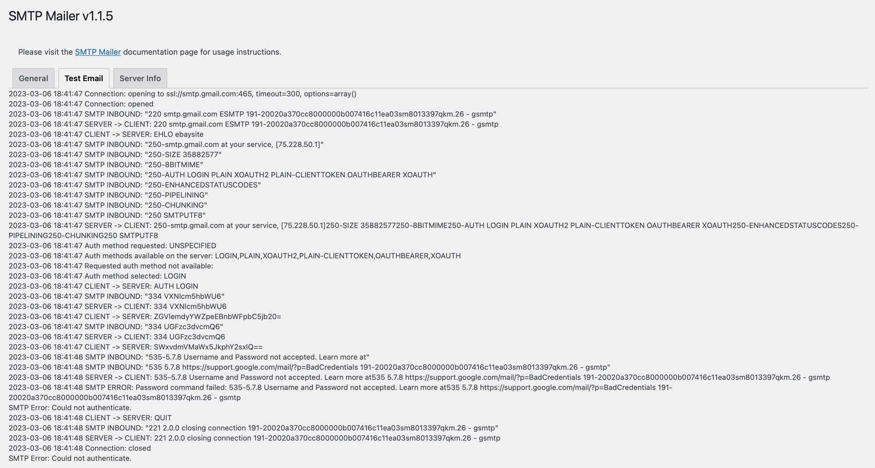 e-mail di prova SMTP Mailer non riuscita