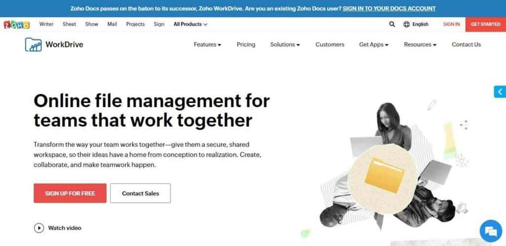 Zielseite von Zoho Docs – derzeit bekannt als Zoho WorkDrive