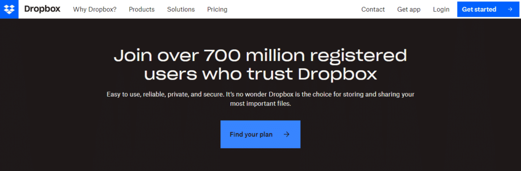 La pagina di destinazione di Dropbox