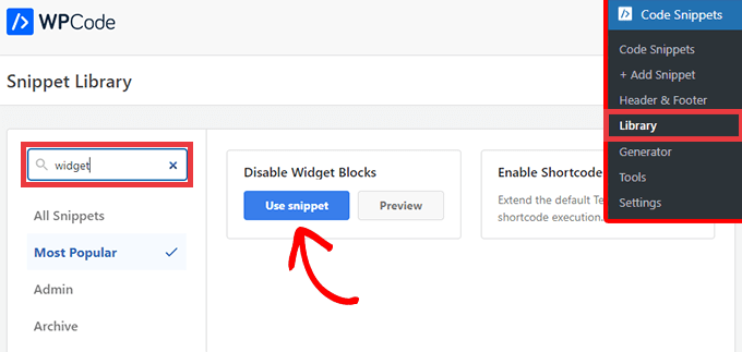 Выберите фрагмент «Отключить блоки виджетов» в библиотеке WPCode. Select the Disable Widget Blocks snippet from the WPCode library