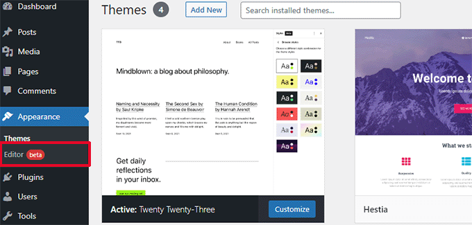 Редактор сайта без экрана виджетов Site editor with no widgets screen