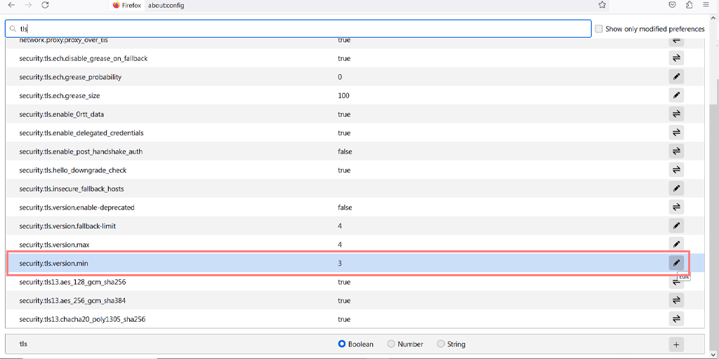 Locating the security.tls.version.min preference