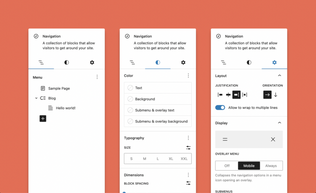 As configurações de lista de páginas, estilo e layout de um bloco de navegação.