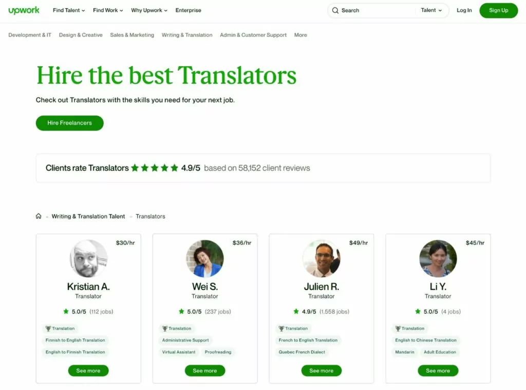 Upwork は、ウェブサイトやその他のユースケースに最適なフリーランス翻訳マーケットプレイスの 1 つです。