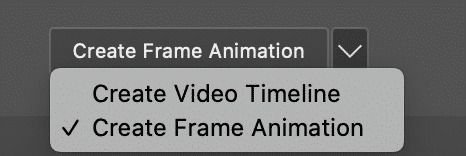 옵션 스크린샷: 비디오 타임라인 생성 및 프레임 애니메이션 생성. 프레임 애니메이션 생성이 선택됨