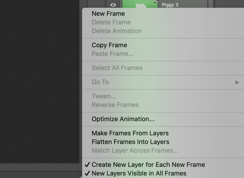 Zrzut ekranu przedstawiający przycisk menu w oknie osi czasu i wybraną opcję „utwórz nową warstwę dla każdej nowej klatki”.
