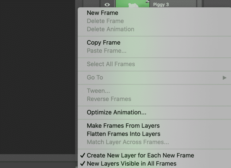 タイムライン ウィンドウのメニュー ボタンのスクリーンショットで、[新しいフレームごとに新しいレイヤーを作成] が選択されている