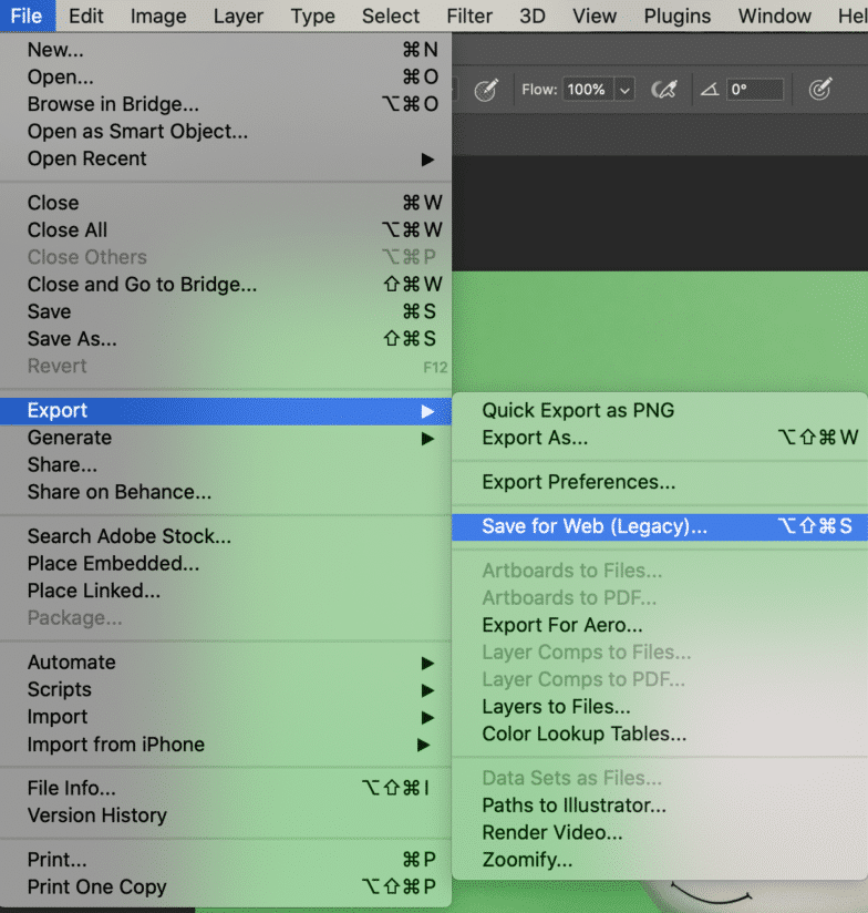 Screenshot der Option Datei > Exportieren > Für Web speichern markiert