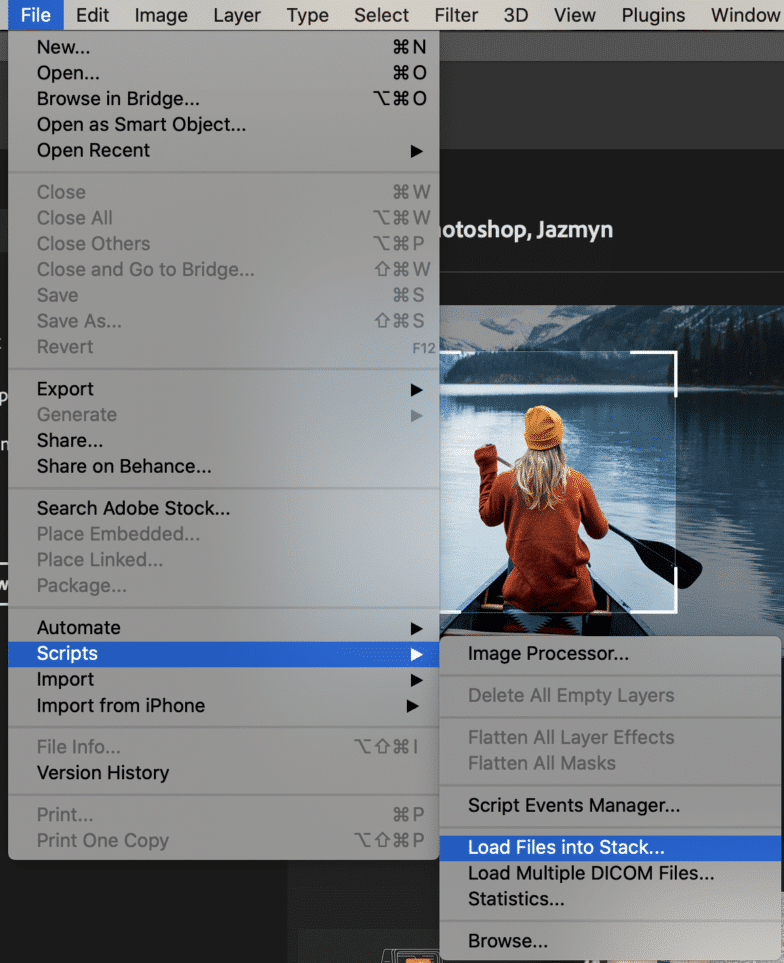 Pengaturan Photoshop menampilkan skrip dan memuat file ke dalam opsi tumpukan.