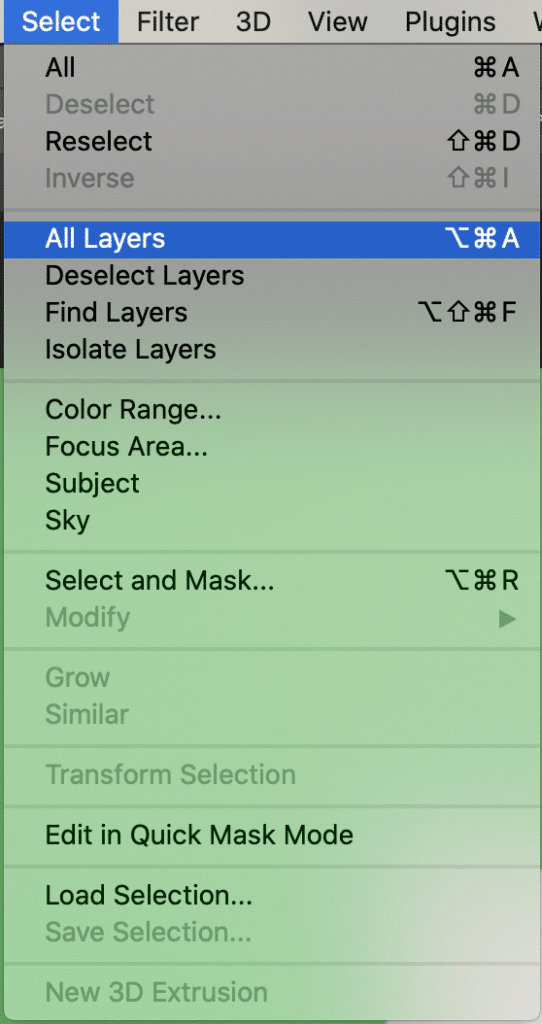 Se resalta la captura de pantalla de las opciones "seleccionar" y "todas las capas".