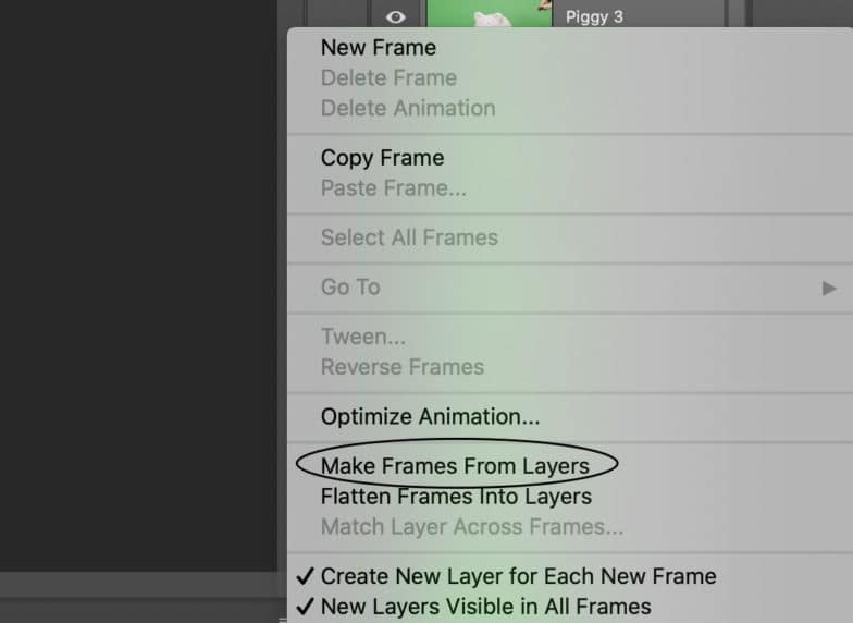 capture d'écran de l'option de menu dans la fenêtre de la chronologie avec "créer des images à partir de calques" encerclé.