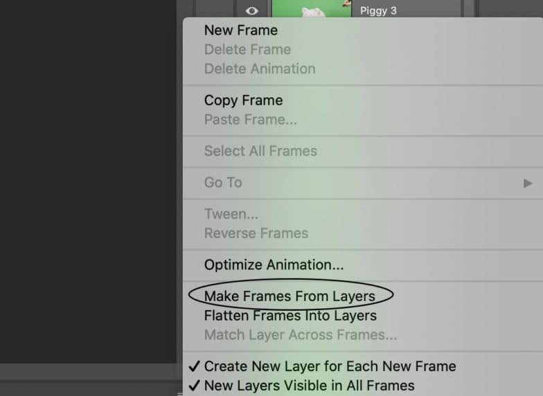 screenshot dell'opzione di menu nella finestra della timeline con "crea fotogrammi dai livelli" cerchiato.