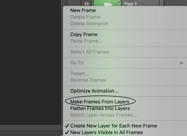 「レイヤーからフレームを作成」が丸で囲まれたタイムライン ウィンドウのメニュー オプションのスクリーンショット。