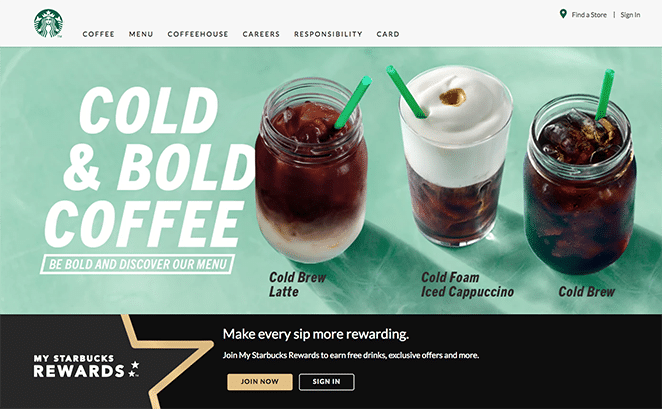 Captura de pantalla de CTA del sitio web de Starbucks con dos opciones. "Únete ahora" en dorado e "Iniciar sesión" en negro sobre un fondo negro