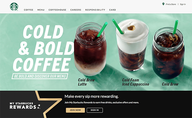 ภาพหน้าจอ CTA ของเว็บไซต์ starbucks มีสองตัวเลือก "เข้าร่วมทันที" เป็นสีทองและ "ลงชื่อเข้าใช้" เป็นสีดำบนพื้นหลังสีดำ