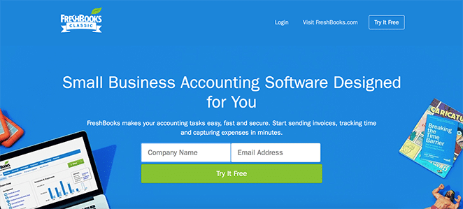 Снимок экрана CTA веб-сайта freshbooks с двумя формами и зеленой кнопкой с надписью «Попробуйте бесплатно»