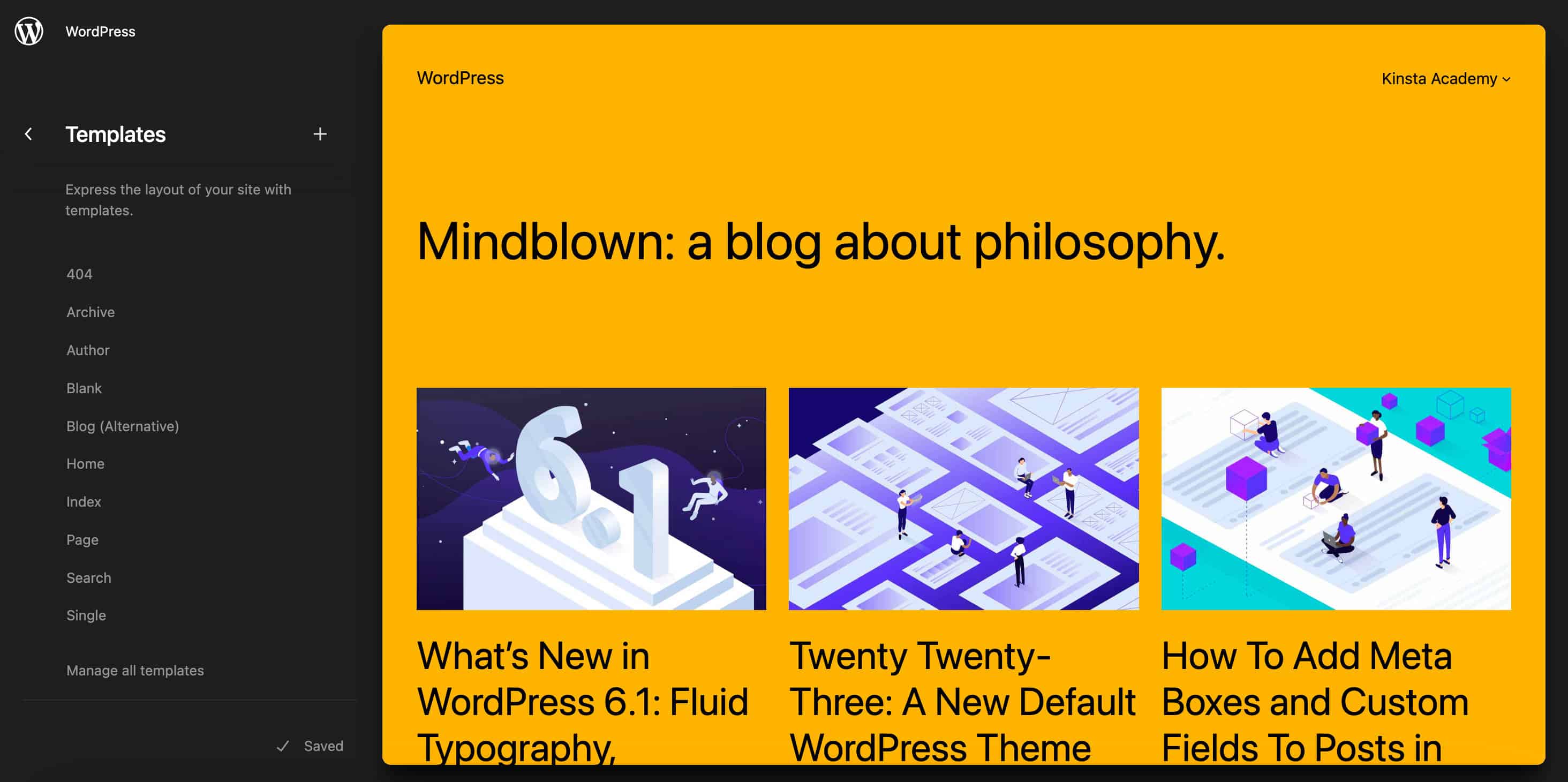 WordPress 6.2 のサイト エディターのテンプレート メニュー