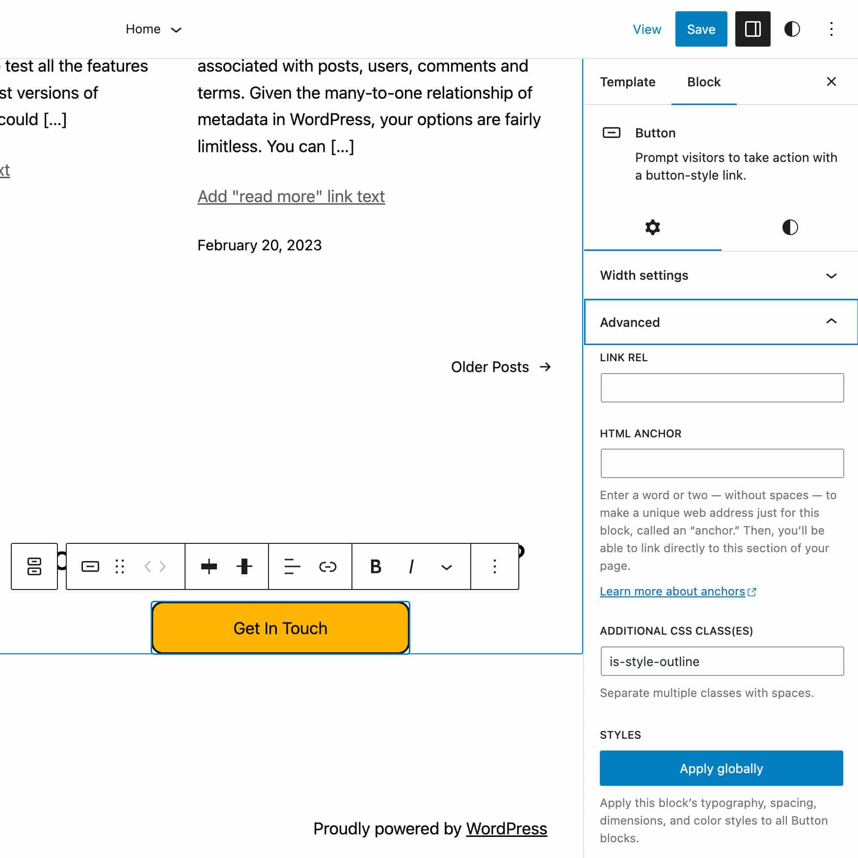WordPress 6.2 でブロック スタイルをグローバルに適用するボタン