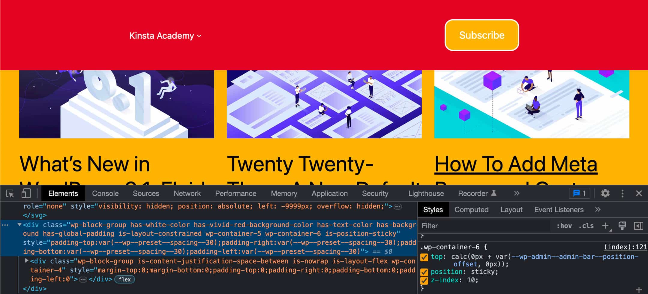 Twenty Twenty-Three テーマを使用したスティッキー ポジショニングの例