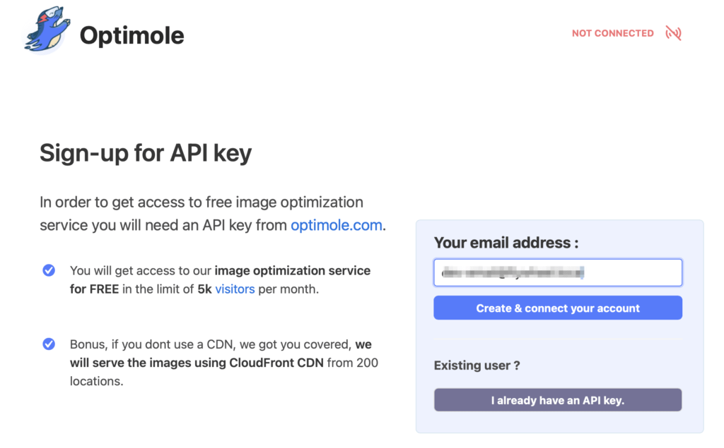 Optimole アカウントを作成する