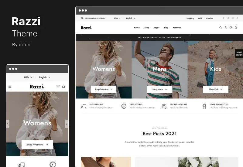 Razzi テーマ - 多目的 WooCommerce WordPress テーマ