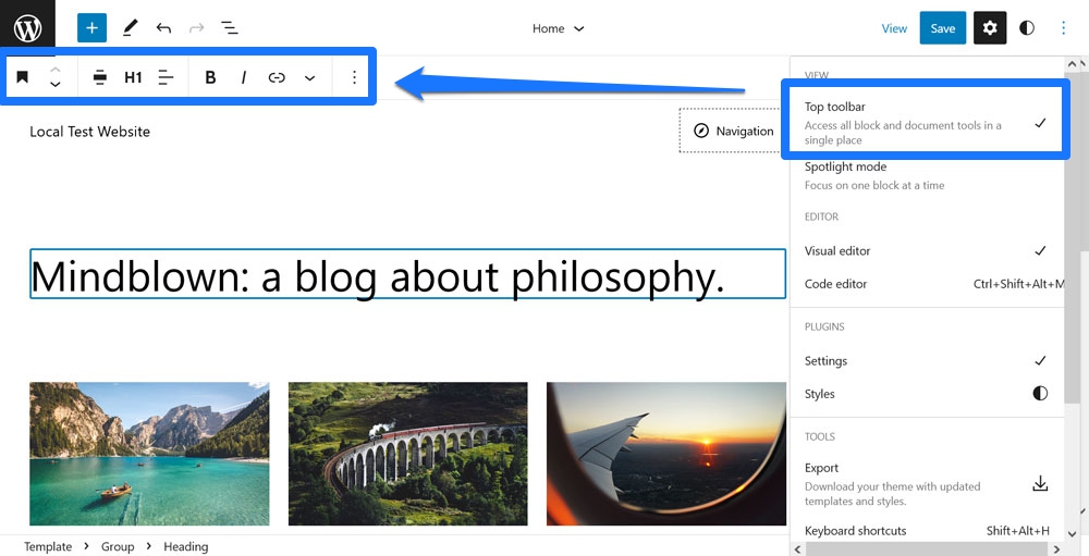 bilah alat atas diaktifkan di editor situs
