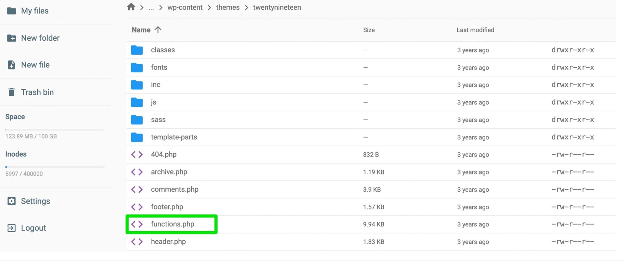 fișierul functions.php evidențiat în verde