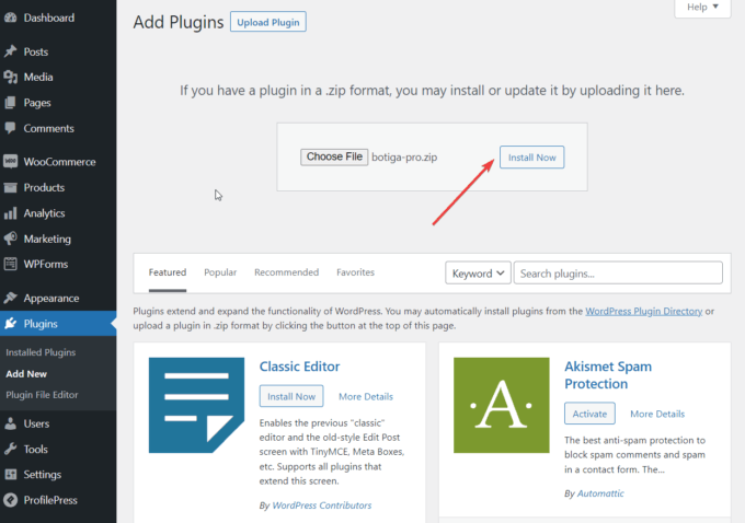 WordPress-Adminbereich, Plugin-Installationsseite
