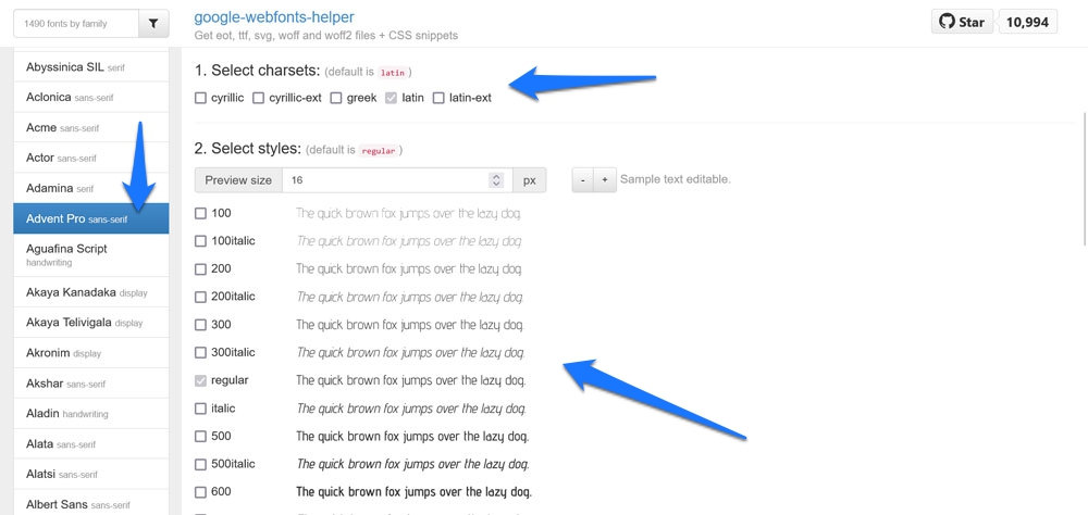 selectați setul de caractere și stilurile de font în ajutorul Google Webfonts