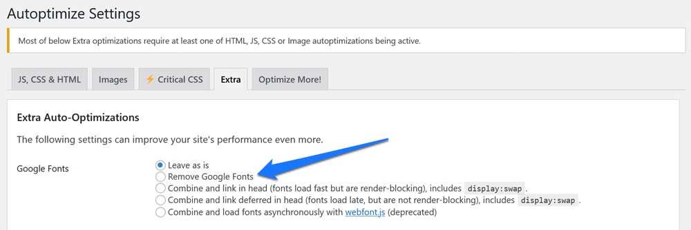 eliminați fonturile Google prin setările de optimizare automată