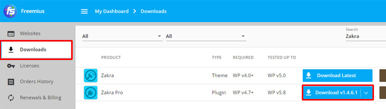 Scarica il file zip di Zakra Pro