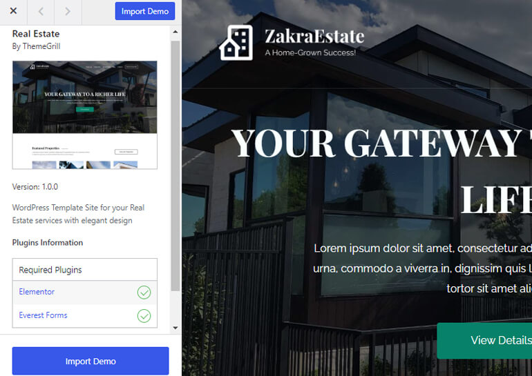 Anteprima della demo del tema immobiliare di Zakra