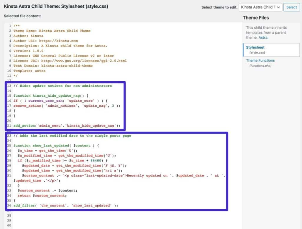 functions.php dosyasındaki parçacıkları belgelemek için kod yorumlarını kullanmanın bir örneği.