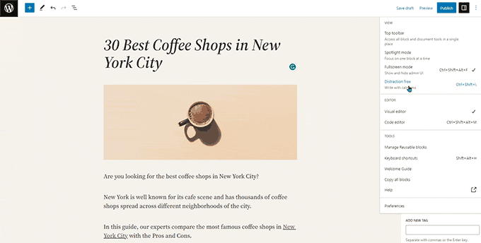 dikkat dağıtma serbest modu Distraction free mode in WordPress 6.2