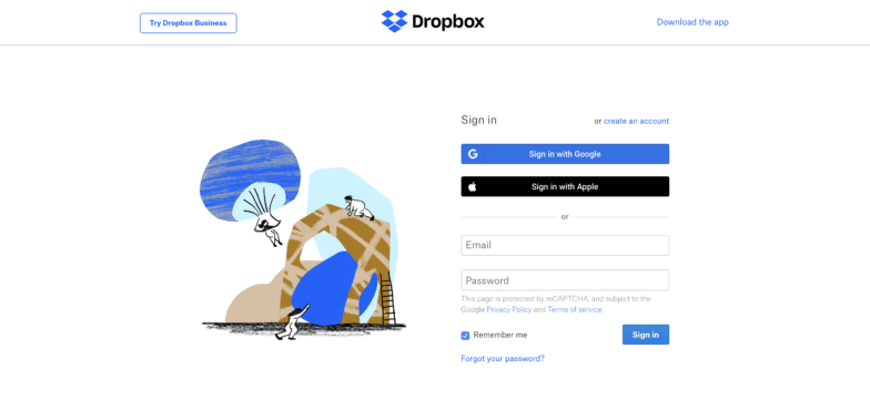 Dropbox 登錄頁面的屏幕截圖,左側是藍色抽象藝術作品。