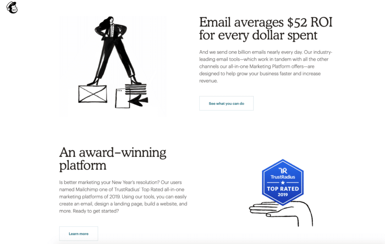 Mailchimp 主頁的屏幕截圖,其中包含更簡單的黑色插圖。